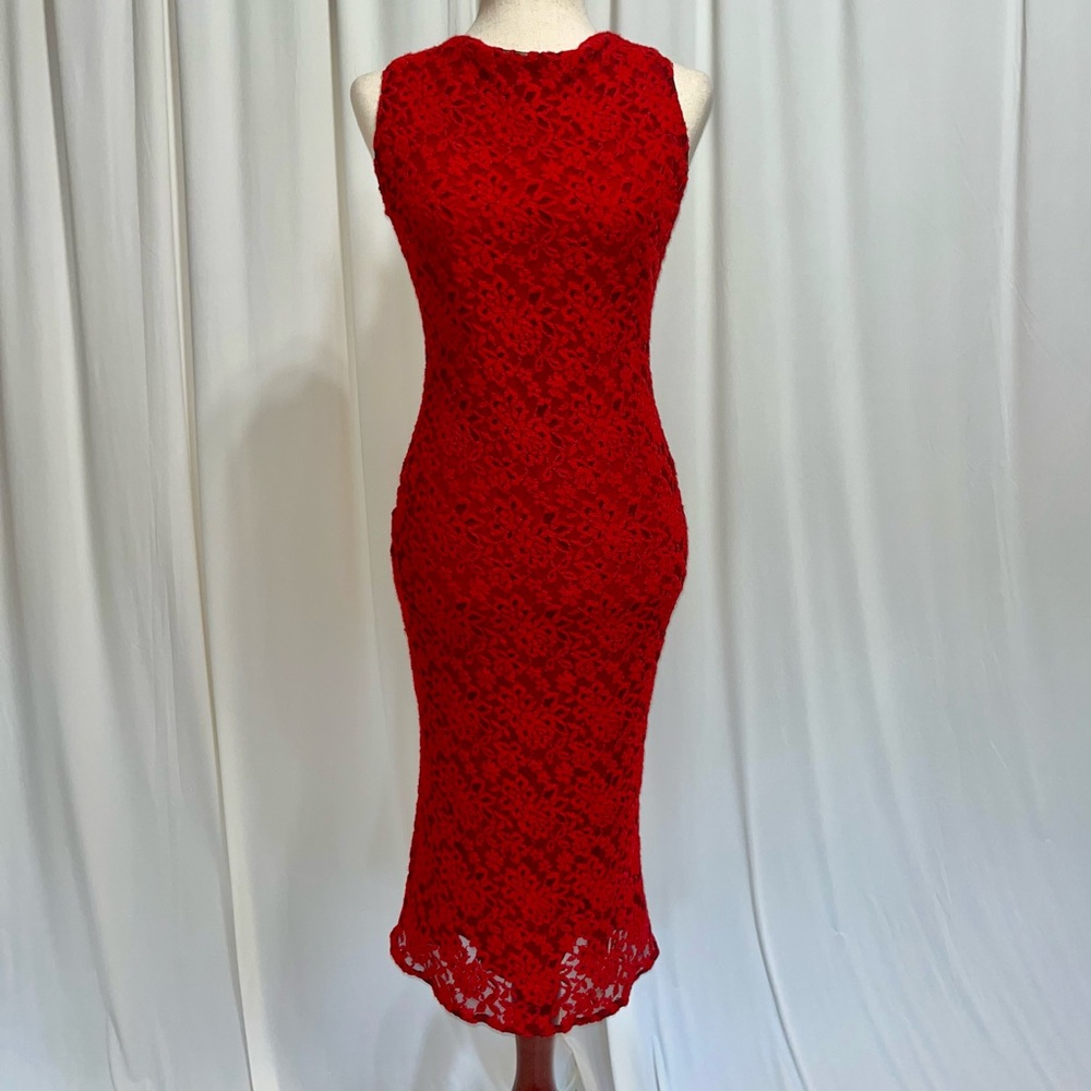 Alice + Olivia Vibrant Red Open Back Bodycon Midi Length Dress Size 8